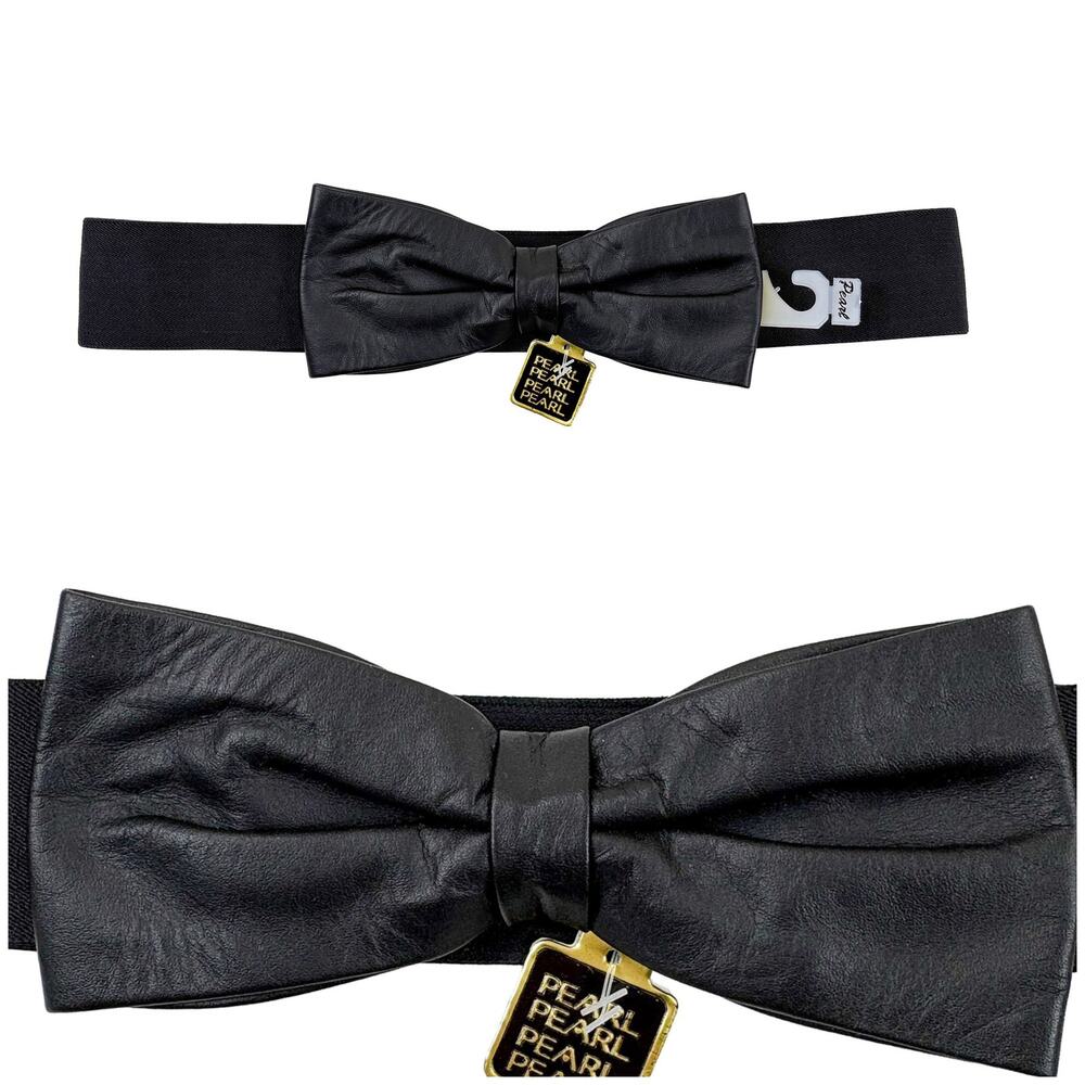 VTG Leather Bow Cinch Belt NWT Womens L Black 80s 90s Stretch USA Union Made